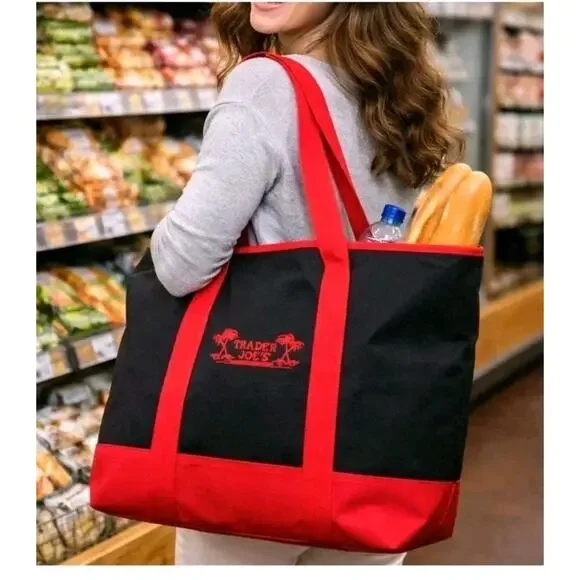 2- Trader Joe’s Insulated Tote Bags - 8 Gallon Blue - Lg Black Red Embroidered - Picture 8 of 13